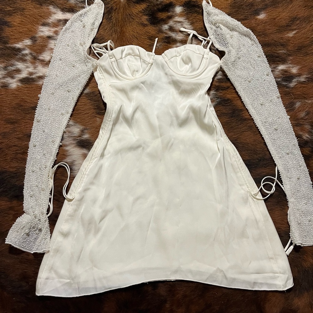 Elegant White Dress with Beaded Sleeves